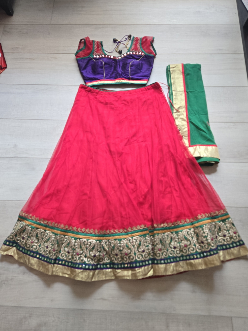 Garba Indian Pakistani Purple Red Green Lehenga Skirt with Blouse Size S